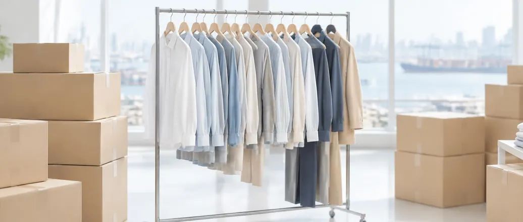 ハンガーに掛かった衣類と段ボール箱が並ぶアパレル輸出入のイメージ